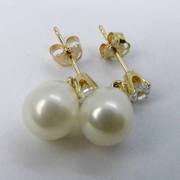 Dangle 14KY gold PEARL Stud Earrings NEW - Picture 6 of 8